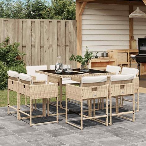 Set comedor de jardín 9 pzas con cojines ratán sintético beige