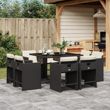 Set de comedor de jardín 9 pzas y cojines ratán sintético negro (1/5)