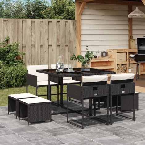 Set de comedor de jardín 9 pzas y cojines ratán sintético negro