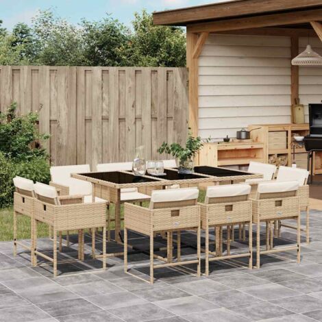 Set comedor de jardín 11 pzas con cojines ratán sintético beige