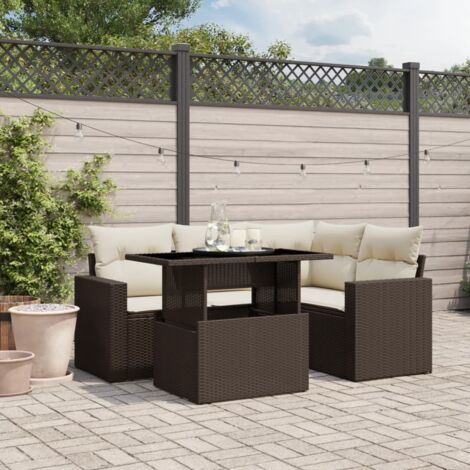 Set comedor de jardín 5 piezas y cojines ratán sintético marrón