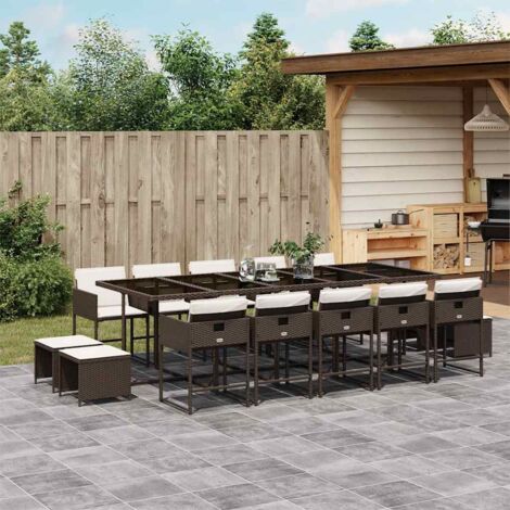 Set comedor de jardín y cojines 15 pzas ratán sintético marrón