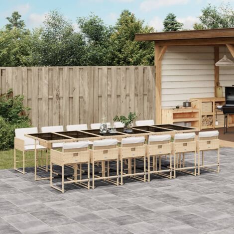 Set comedor de jardín con cojines 13 pzas ratán sintético beige