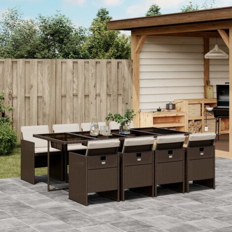 Set comedor para jardín 9 pzas y cojines ratán sintético marrón