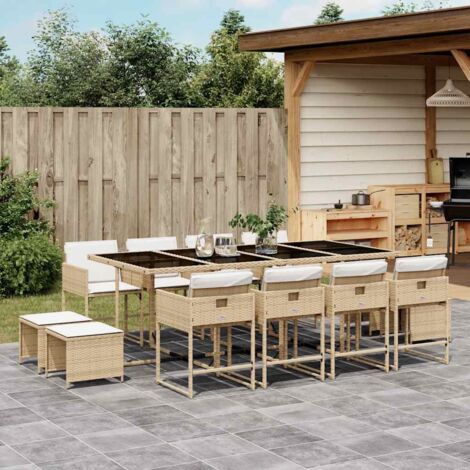 Set comedor de jardín con cojines 13 pzas ratán sintético beige