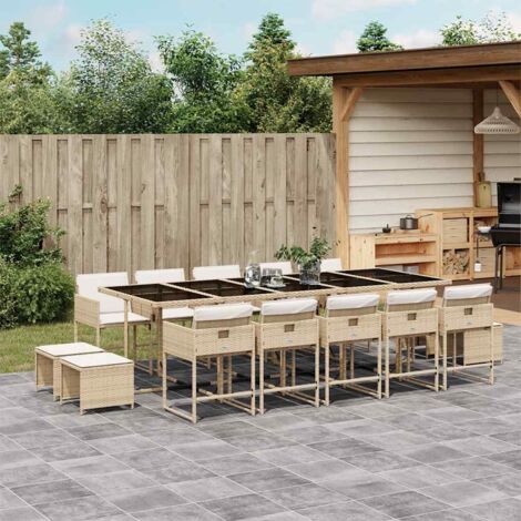 Set comedor de jardín con cojines 15 pzas ratán sintético beige