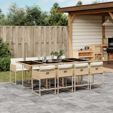 Set comedor de jardín 9 pzas con cojines ratán sintético beige