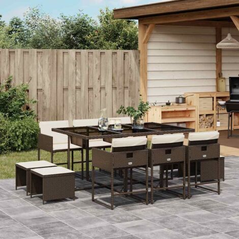 Set comedor de jardín 11 pzas y cojines ratán sintético marrón