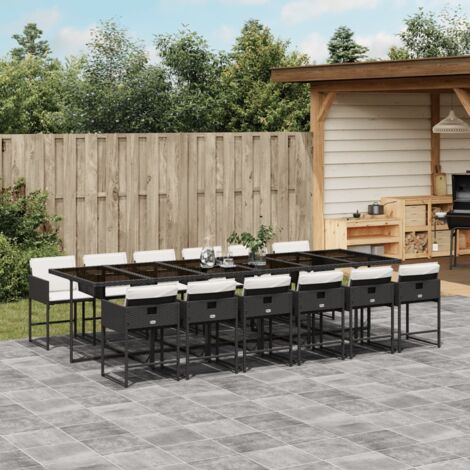 Set comedor de jardín con cojines 13 pzas ratán sintético negro