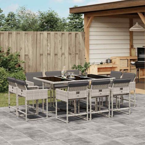 Set de comedor de jardín 11 pzas y cojines ratán sintético gris