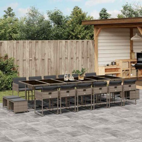 Set comedor de jardín 17 pzas y cojines ratán sintético gris