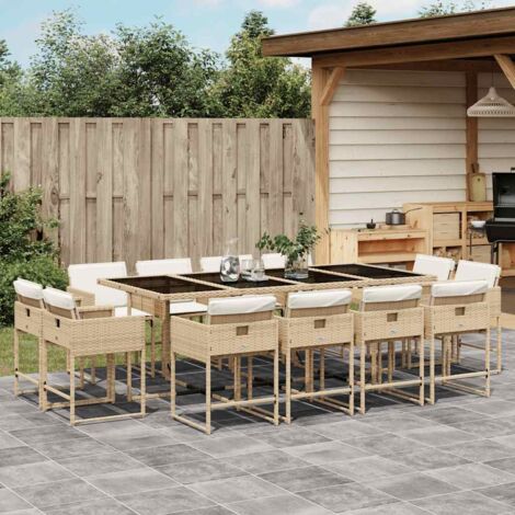 Set comedor de jardín con cojines 13 pzas ratán sintético beige