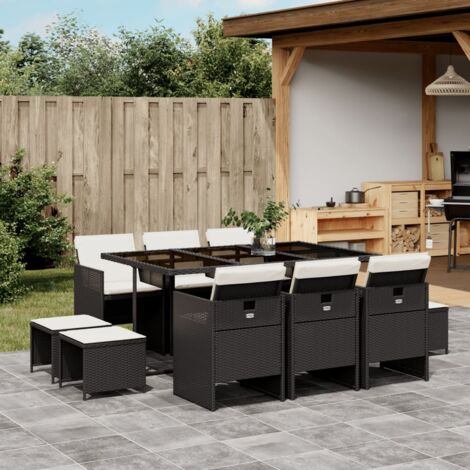 Set de comedor jardín 11 pzas con cojines ratán sintético negro (1/5)