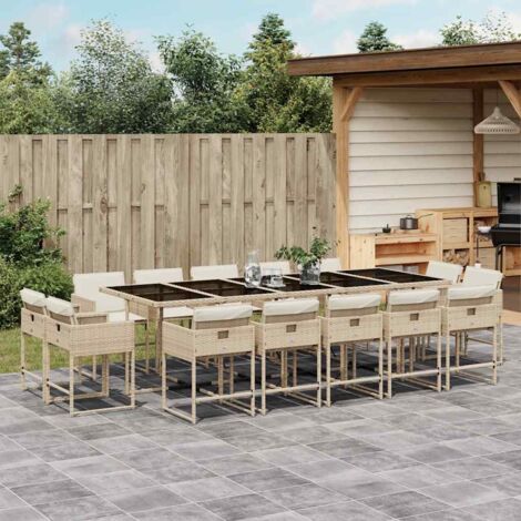 Set comedor de jardín con cojines 15 pzas ratán sintético beige