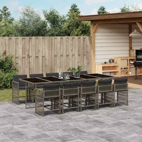 Set de comedor de jardín 11 pzas y cojines ratán sintético gris