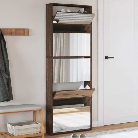 Mueble zapatero y espejo 5 niveles roble marrón 63x17x1695 cm