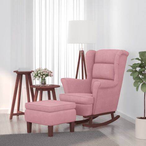 Mecedora con respaldo alto de terciopelo rosa y madera maciza