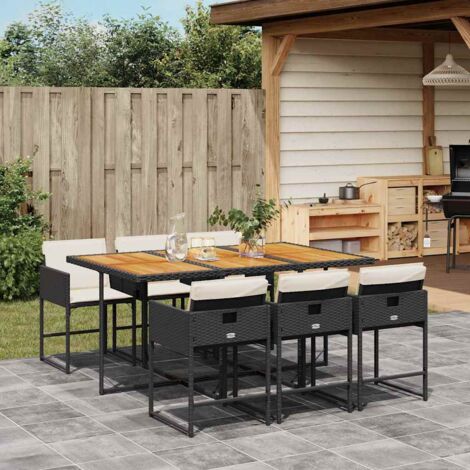 Set de comedor de jardín 7 pzas y cojines ratán sintético negro
