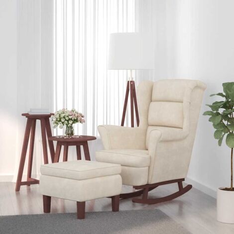 Mecedora con respaldo alto de terciopelo crema y madera maciza
