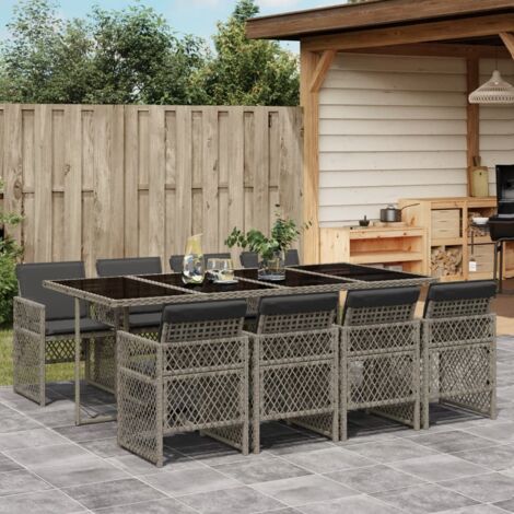 Set comedor jardín 9 pzas y cojines ratán sintético gris