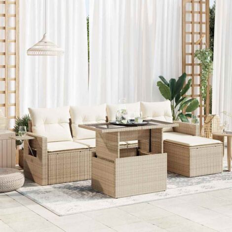 Juego de sofás jardín con cojines 6 pzas ratán sintético beige (1/5)