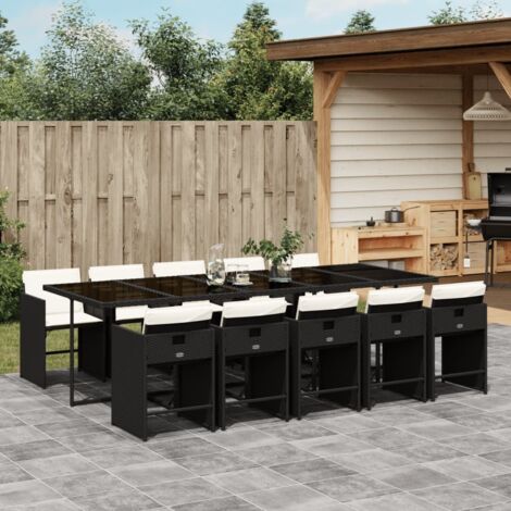 Set de comedor jardín 11 pzas con cojines ratán sintético negro