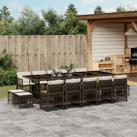 Set comedor de jardín y cojines 15 pzas ratán sintético marrón (1/5)