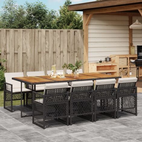 Set de comedor de jardín 9 pzas y cojines ratán sintético negro