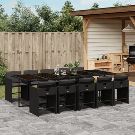 Set de comedor jardín 11 pzas con cojines ratán sintético negro