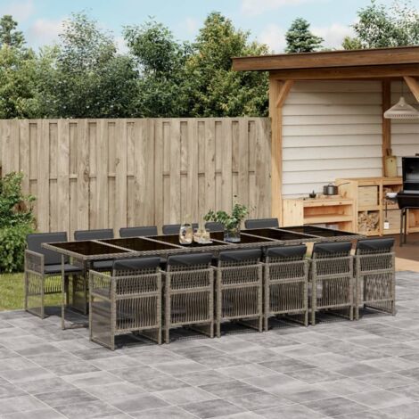 Set comedor de jardín con cojines 13 pzas ratán sintético gris