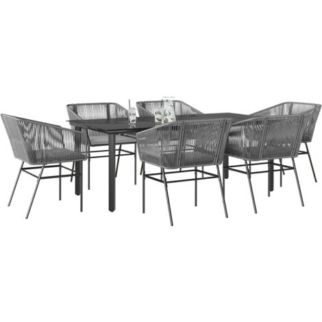 Juego comedor jardín 7 pzas cojines ratán sintético vidrio gris