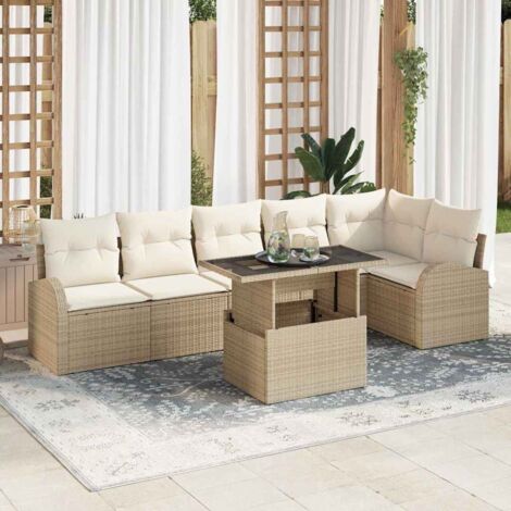 Conjunto de sofá de jardín con cojín 7 pcs Beige Poliratán (1/5)
