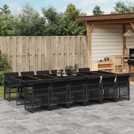 Set comedor de jardín con cojines 13 pzas ratán sintético negro