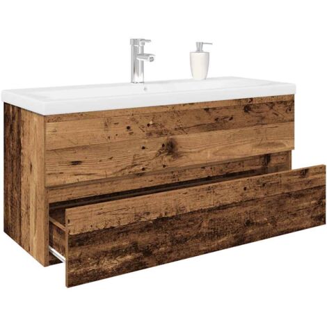 Mueble lavabo con lavabo integrado y grifo madera vieja