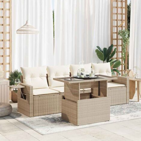 Juego de sofás jardín con cojines 5 pzas ratán sintético beige (1/5)