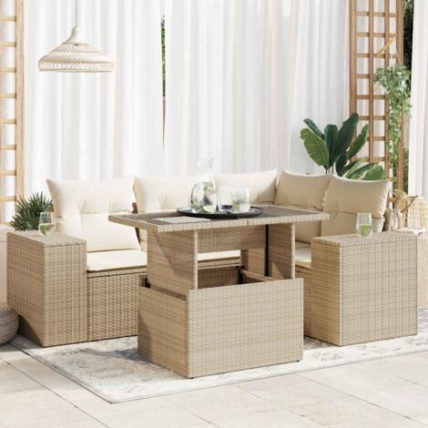 Juego de sofás jardín con cojines 5 pzas ratán sintético beige (1/5)