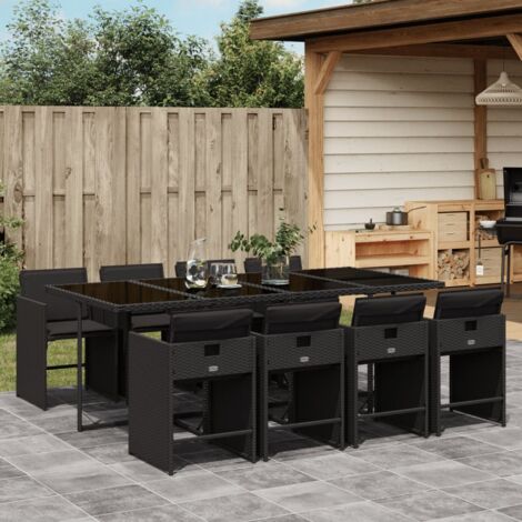 Set de comedor de jardín 9 pzas y cojines ratán sintético negro
