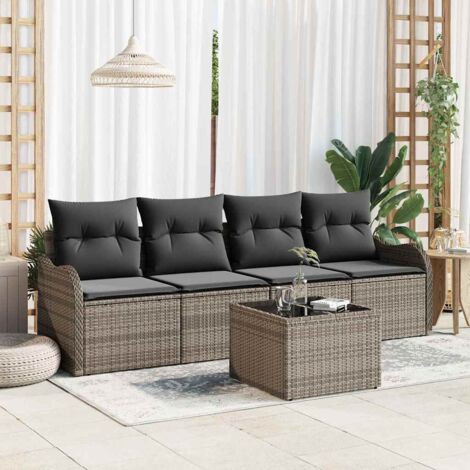 Conjunto de sofá de jardín 5 pcs Gris Poliratán Acero y Vidrio (1/5)