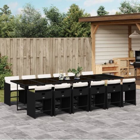 Set comedor de jardín con cojines 13 pzas ratán sintético negro