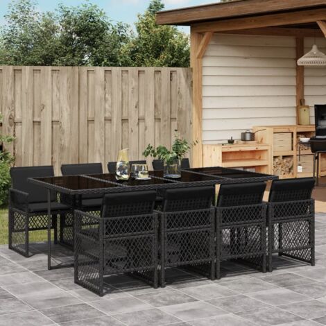 Set de comedor de jardín 9 pzas y cojines ratán sintético negro