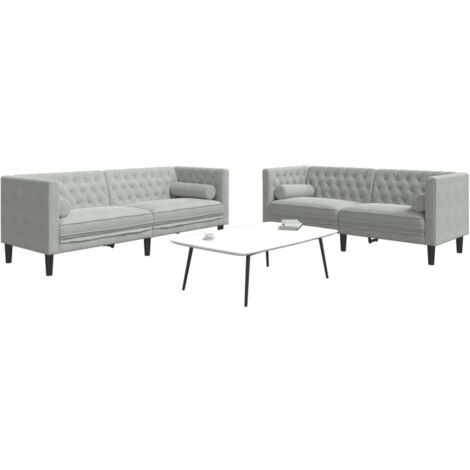 Set sofás Chesterfield con cojines 2 pzas terciopelo gris claro