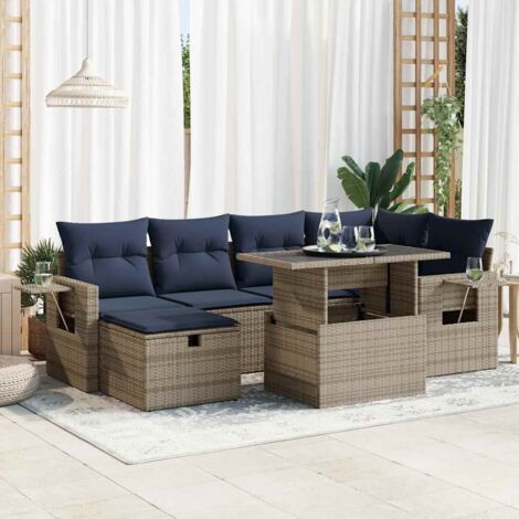 Juego Sofá Jardín 7 Piezas con Cojines Gris Poli Ratán Acacia (1/5)
