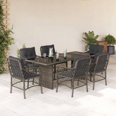Set comedor jardín 7 pzas y cojines ratán sintético gris