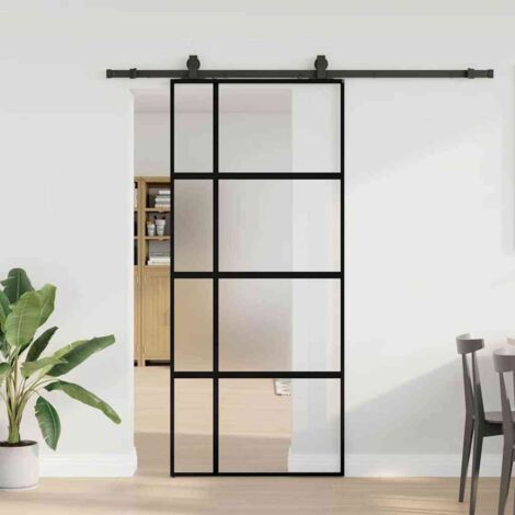 Puerta corredera con herrajes negro 90x205 cm vidrio templado