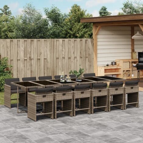 Set comedor de jardín con cojines 13 pzas ratán sintético gris