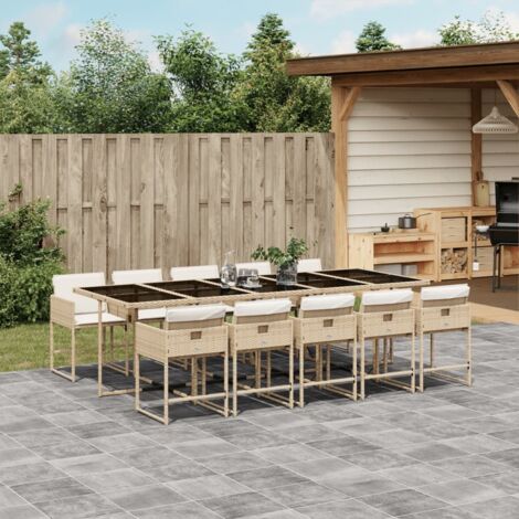 Set comedor de jardín 11 pzas con cojines ratán sintético beige