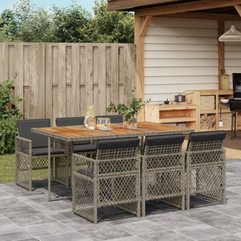 Set comedor jardín 7 pzas y cojines ratán sintético gris