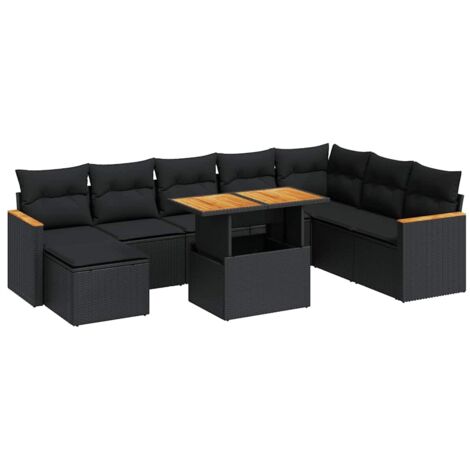 Set sofás jardín y cojines 9 pzas ratán sintético acacia negro