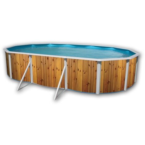 Piscine hors sol acier ovale 6.40 x 3.66 x 1.20m – Décor bois – Système filtration à sable 3.6m³/h – Échelle double 4 marches – TOI