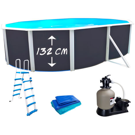 Kit piscine hors-sol acier Toi ANTHRACITE PRESTIGIO ovale 550X366X132cm filtre à sable (1/5)